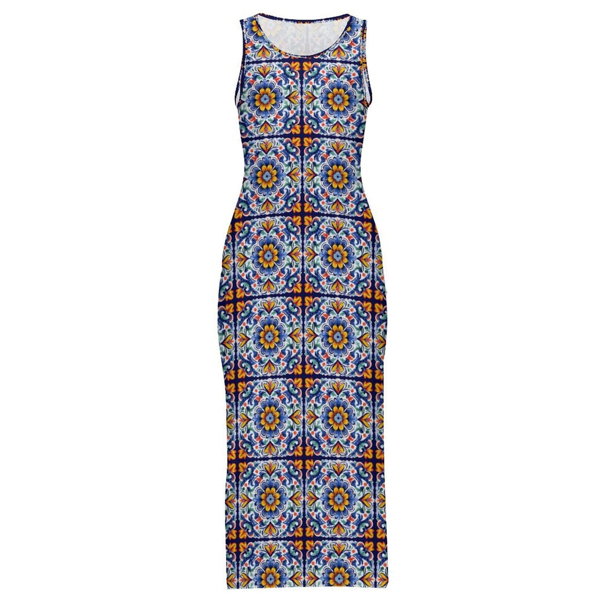 Baha Ranch Colores de Mexico Talavera Sleeveless Bodycon Side Slit Long Dress