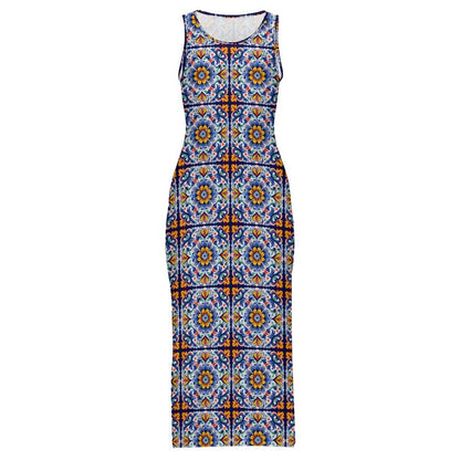 Baha Ranch Colores de Mexico Talavera Sleeveless Bodycon Side Slit Long Dress