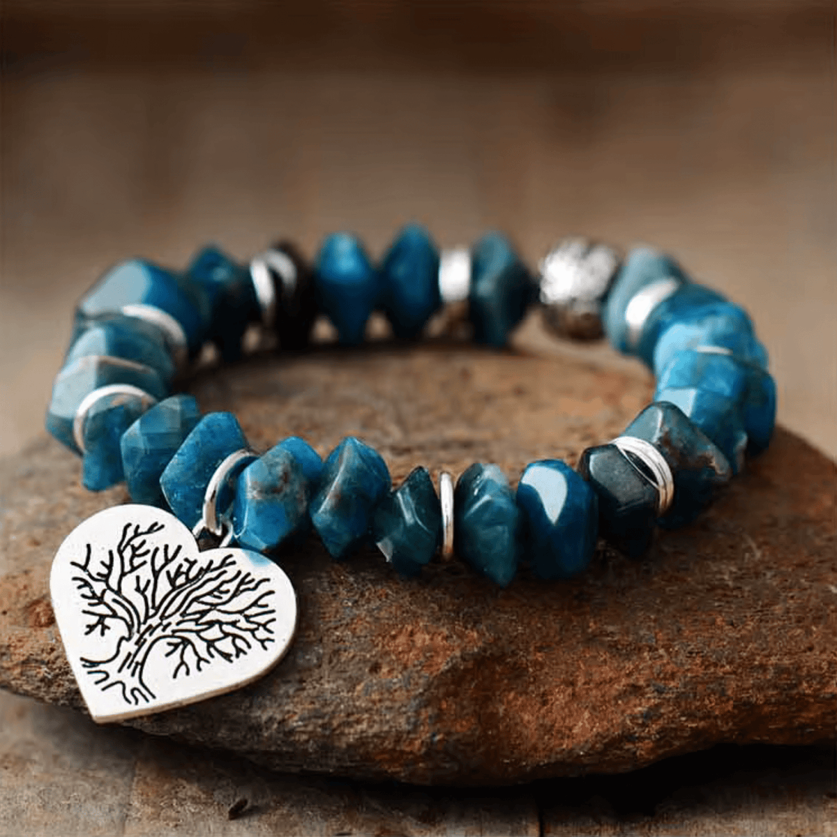 Blue Apatite Beaded Bracelet With Tree-Of-Life Heart Charm