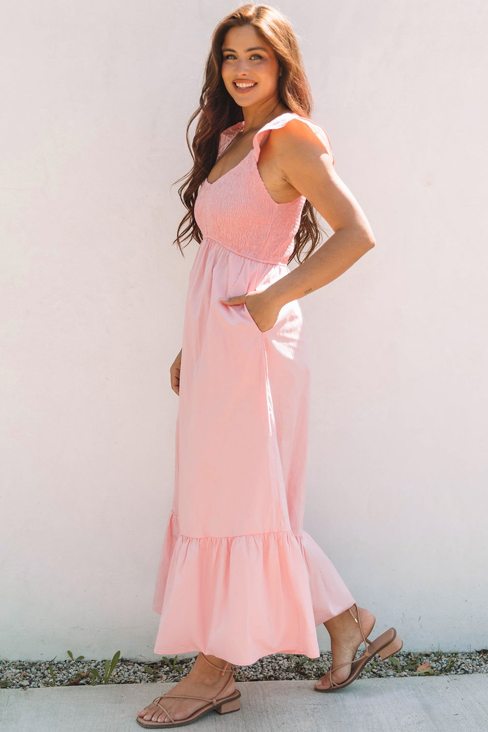 Threaded Pear Ashlyn Flutter Sleeve Smocked Bodice Maxi Dress