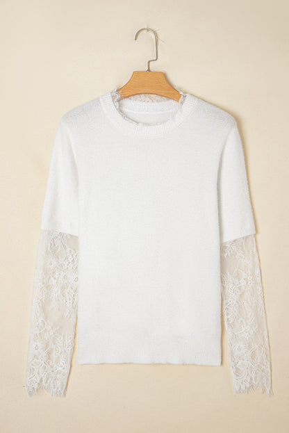Threaded Pear Samantha Lace Sleeve Two-piece Fuzzy Sweater