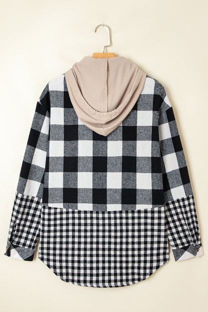 Threaded Pear Cecelia Patchwork Drawstring Hooded Shacket