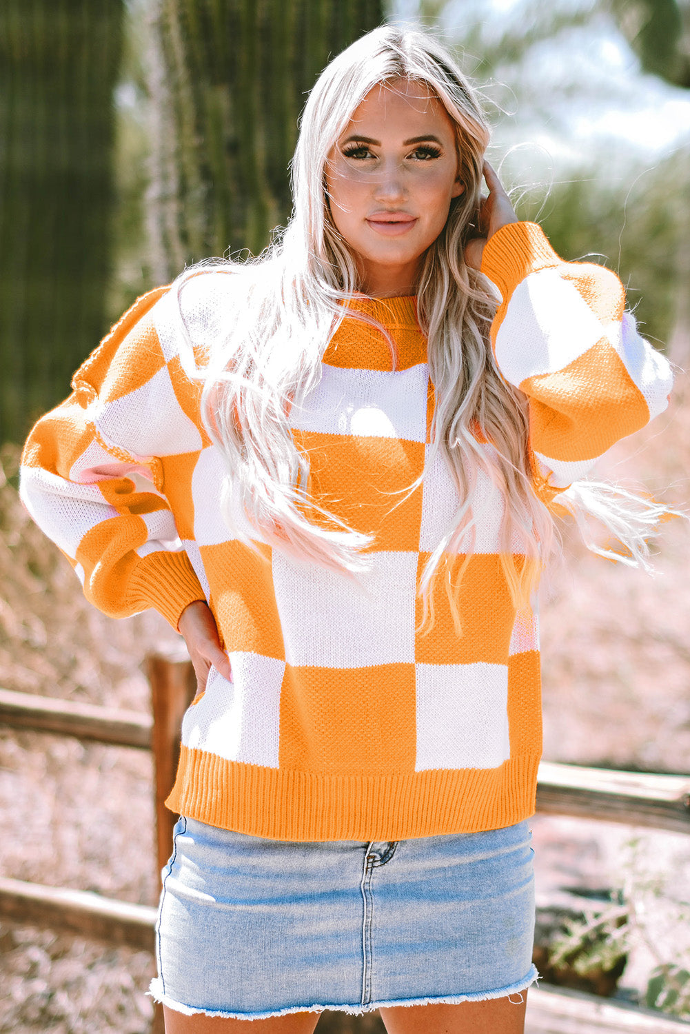Threaded Pear Ashley Checkered Bishop Sleeve Sweater
