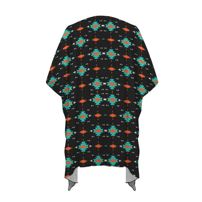 Baha Ranch Black Turquoise Orange Aztec Duster Kimono Coverup