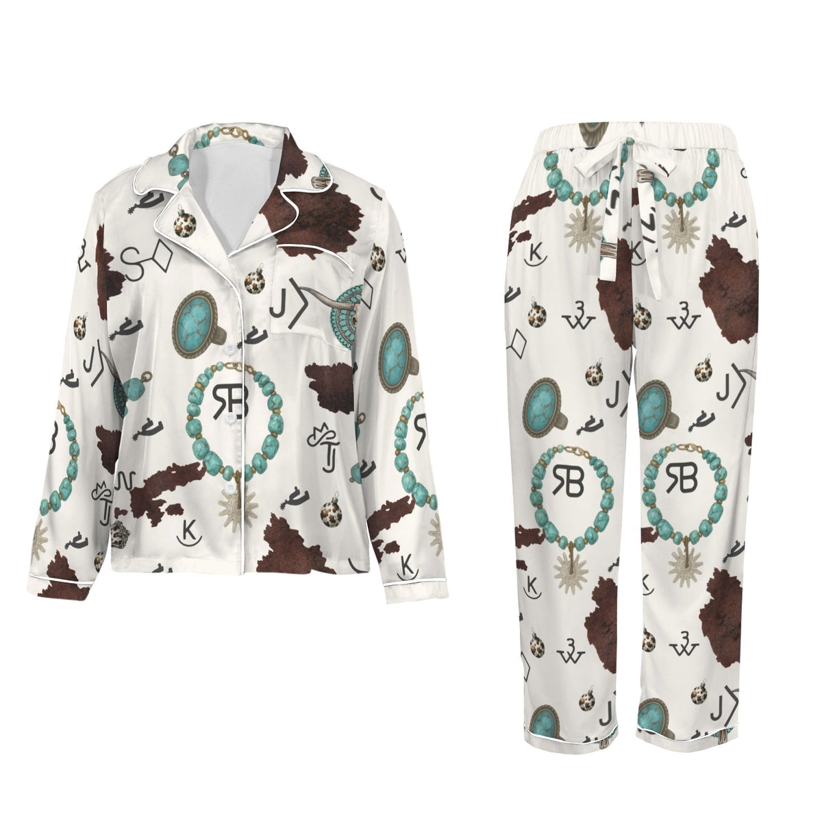Baha Ranch Brands & Turquoise Cowgirl Christmas Western Cowprint Satin Pajamas