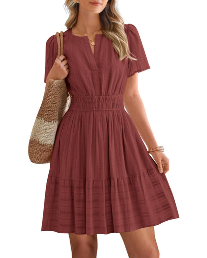 Women's V-Neck Elastic Waist Tiered Mini Dress