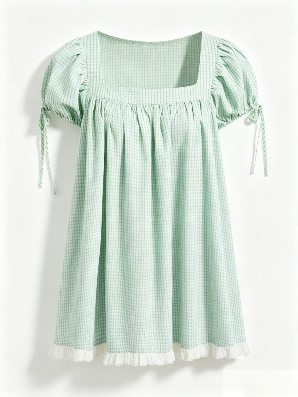 Sweet square neckline, ruffled chest, puff sleeves, adjustable silhouette, casual long shirt