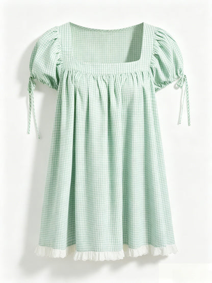 Sweet square neckline, ruffled chest, puff sleeves, adjustable silhouette, casual long shirt