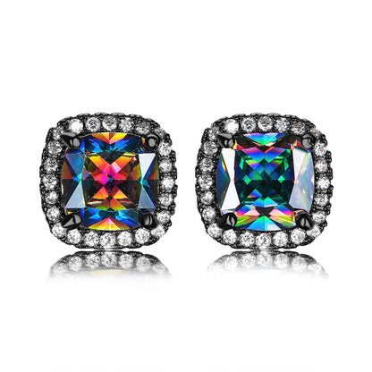 Colored Princess Crystal & Blacktone Halo Stud Earrings