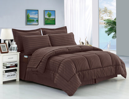 Elegant Comfort 8-Piece Dobby Stripe Comforter Set - Includes 4-Piece Sheet Set with Double Sided Storage Pockets
