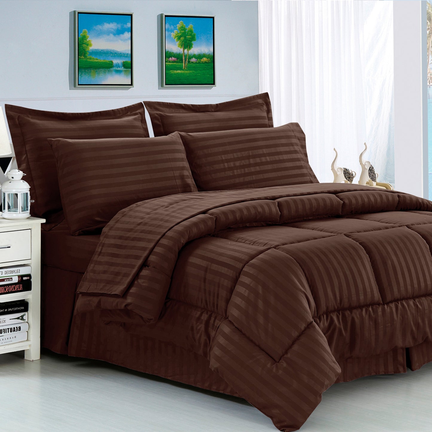 Elegant Comfort 8-Piece Dobby Stripe Comforter Set - Includes 4-Piece Sheet Set with Double Sided Storage Pockets