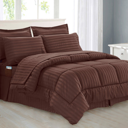Elegant Comfort 8-Piece Dobby Stripe Comforter Set - Includes 4-Piece Sheet Set with Double Sided Storage Pockets