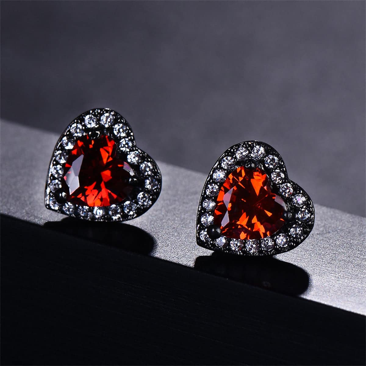 Red Crystal & Cubic Zirconia Blacktone Halo Heart Stud Earrings