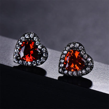 Red Crystal & Cubic Zirconia Blacktone Halo Heart Stud Earrings