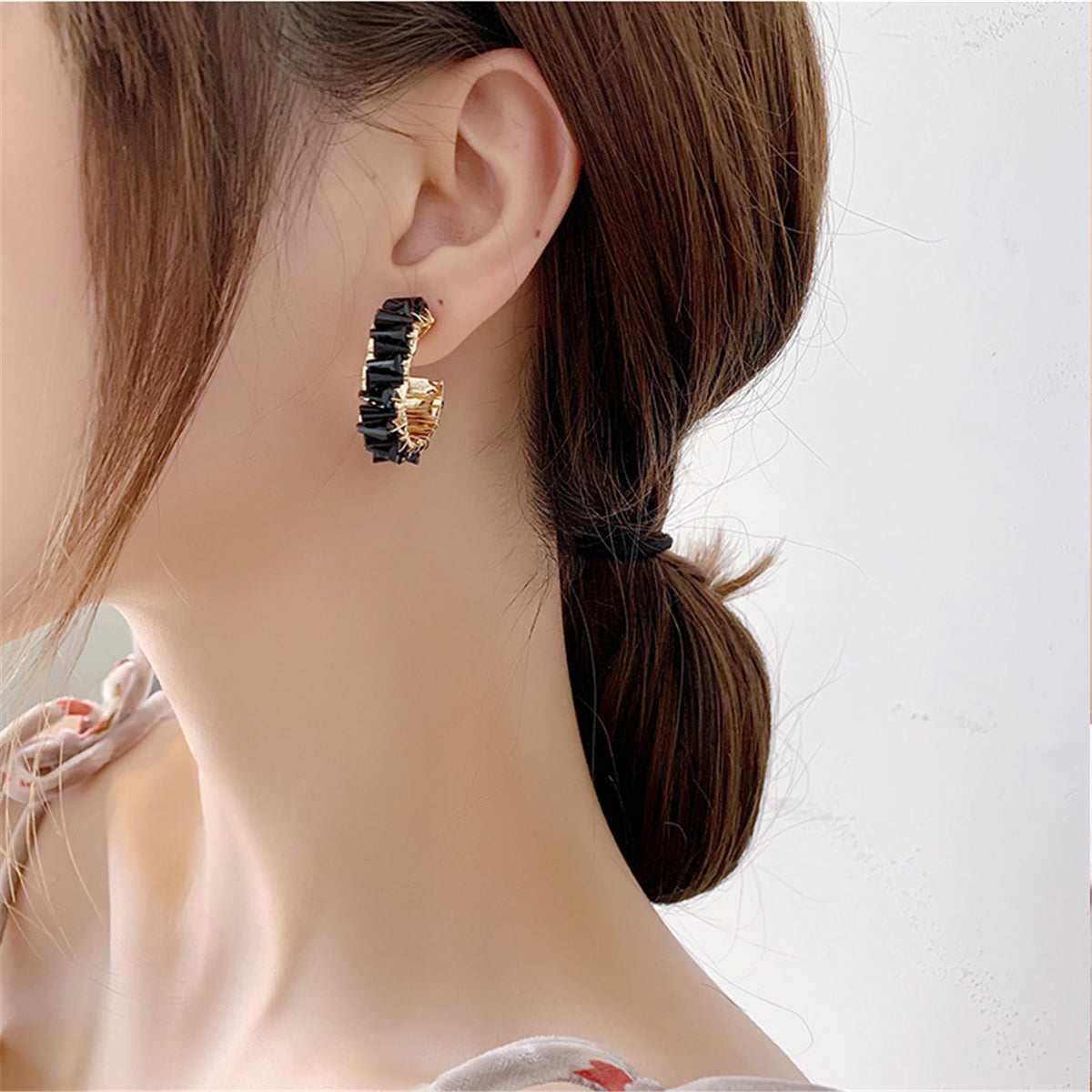 Black Crystal & Goldtone C-Shape Stud Earrings
