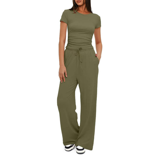 2 Piece Ruched Short Sleeve Wide Leg Pants Set