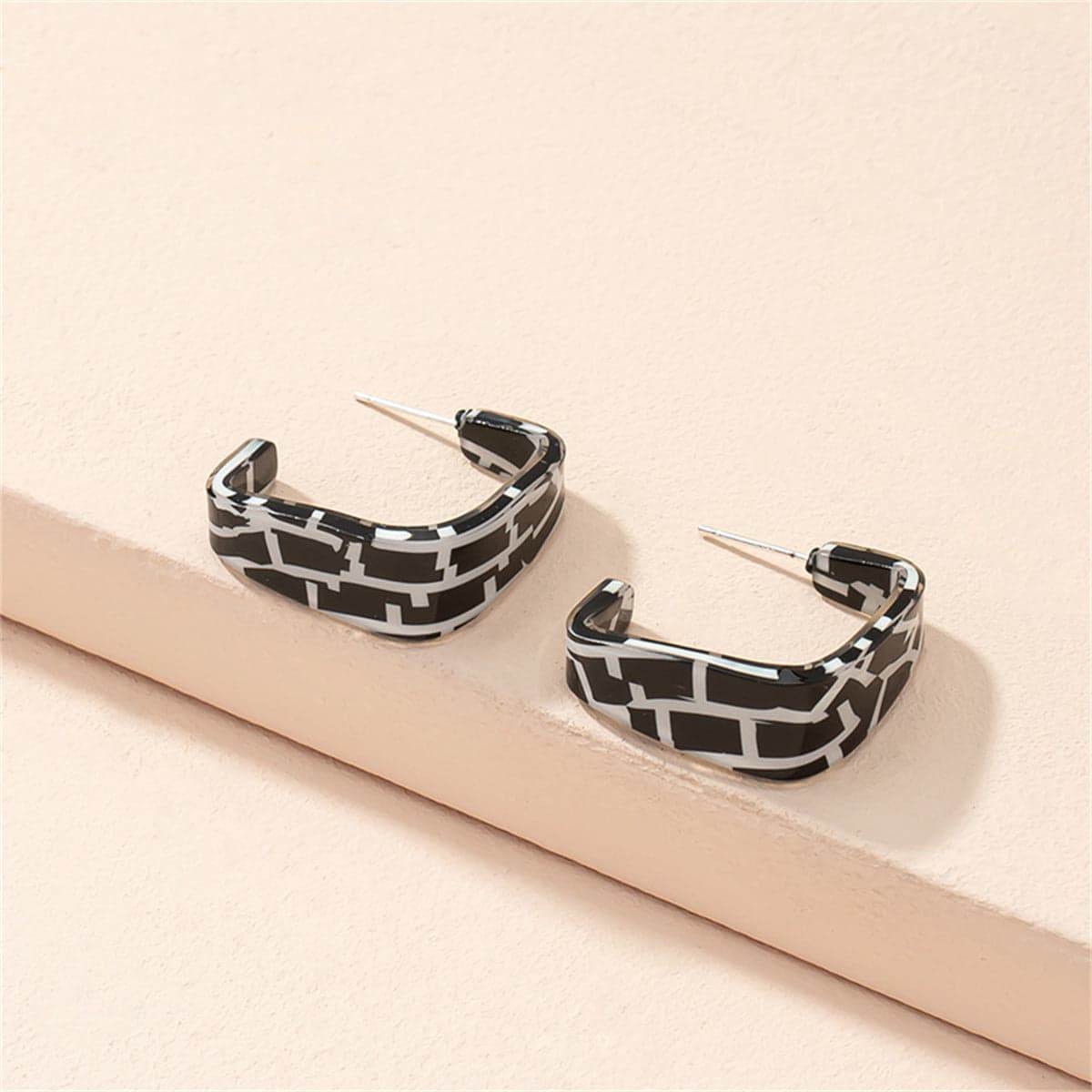 Black Acrylic & Silvertone Mosaic Square Huggie Earring