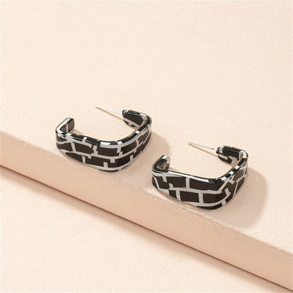 Black Acrylic & Silvertone Mosaic Square Huggie Earring