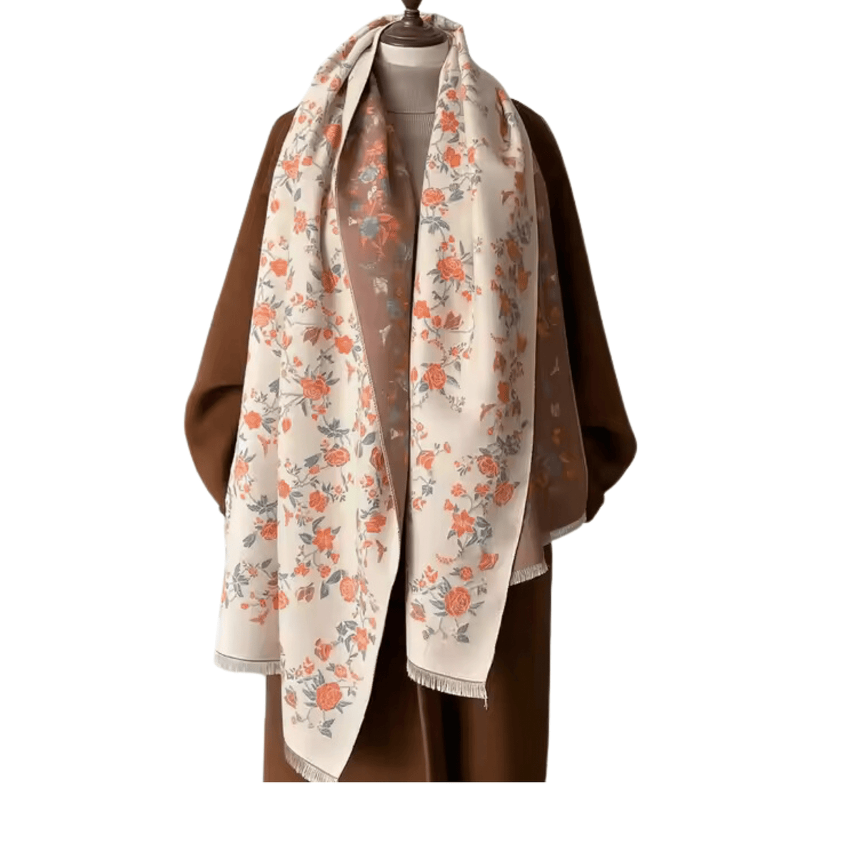 Delicate Orange Floral Beige Fringe-Trimmed Scarf