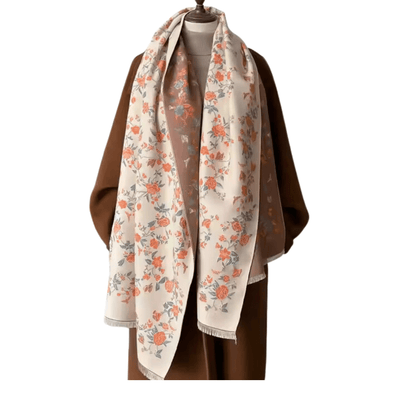 Delicate Orange Floral Beige Fringe-Trimmed Scarf