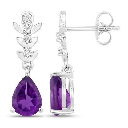 Genuine Amethyst and Lab Diamond Silver Dangle Earrings