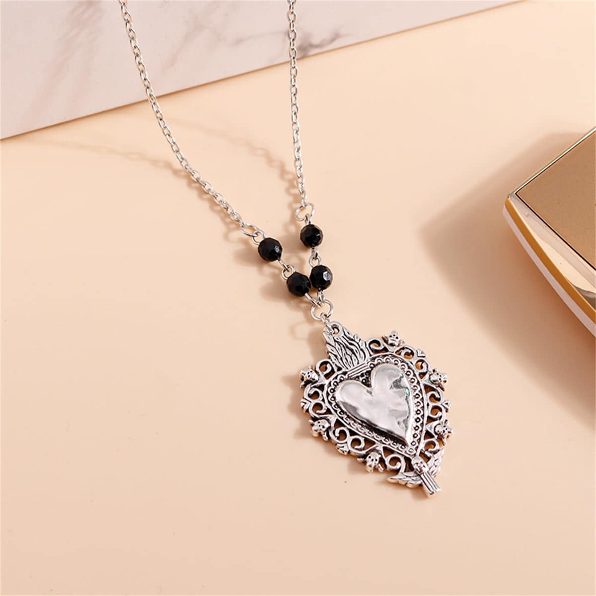 Black Acrylic & Silvertone Floral Heart Pendant Necklace