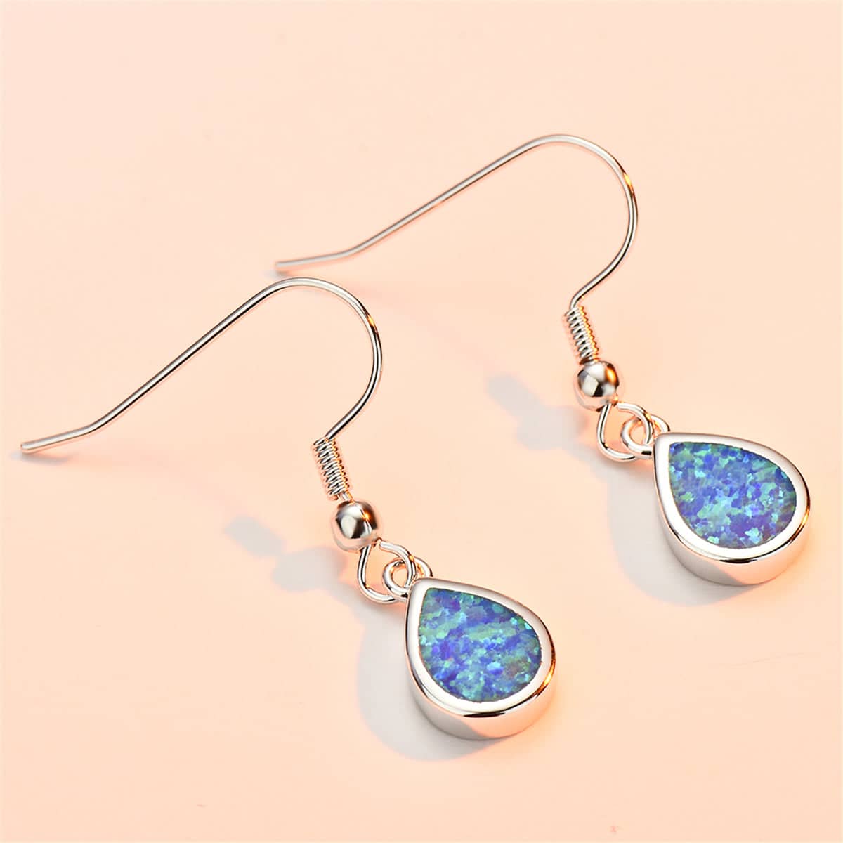 Blue Opal & Silvertone Teardrop Earrings