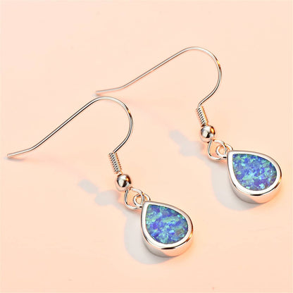 Blue Opal & Silvertone Teardrop Earrings