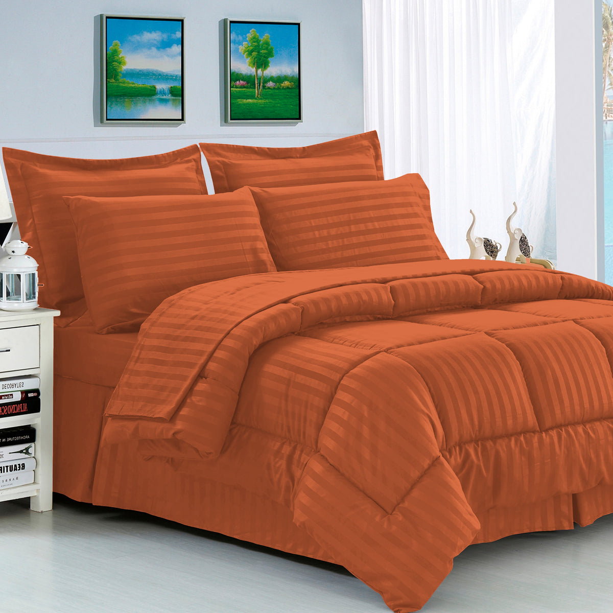 Elegant Comfort 8-Piece Dobby Stripe Comforter Set - Includes 4-Piece Sheet Set with Double Sided Storage Pockets