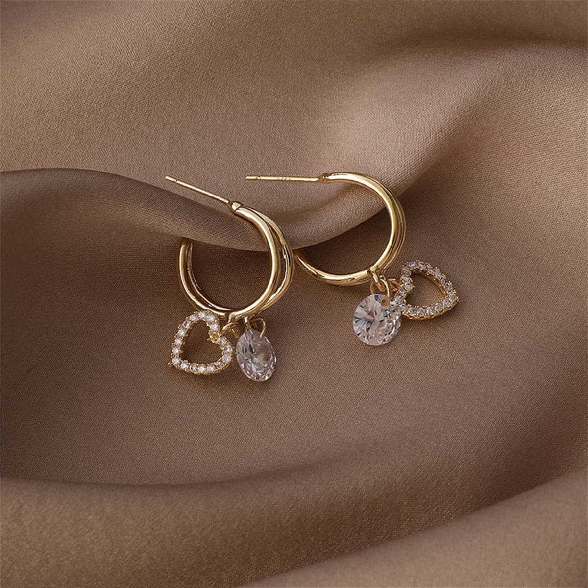 Cubic Zirconia & Goldtone Heart Drop Earrings