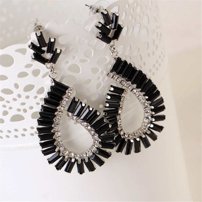 Black & Silvertone Baguette Open Teardrop Earrings