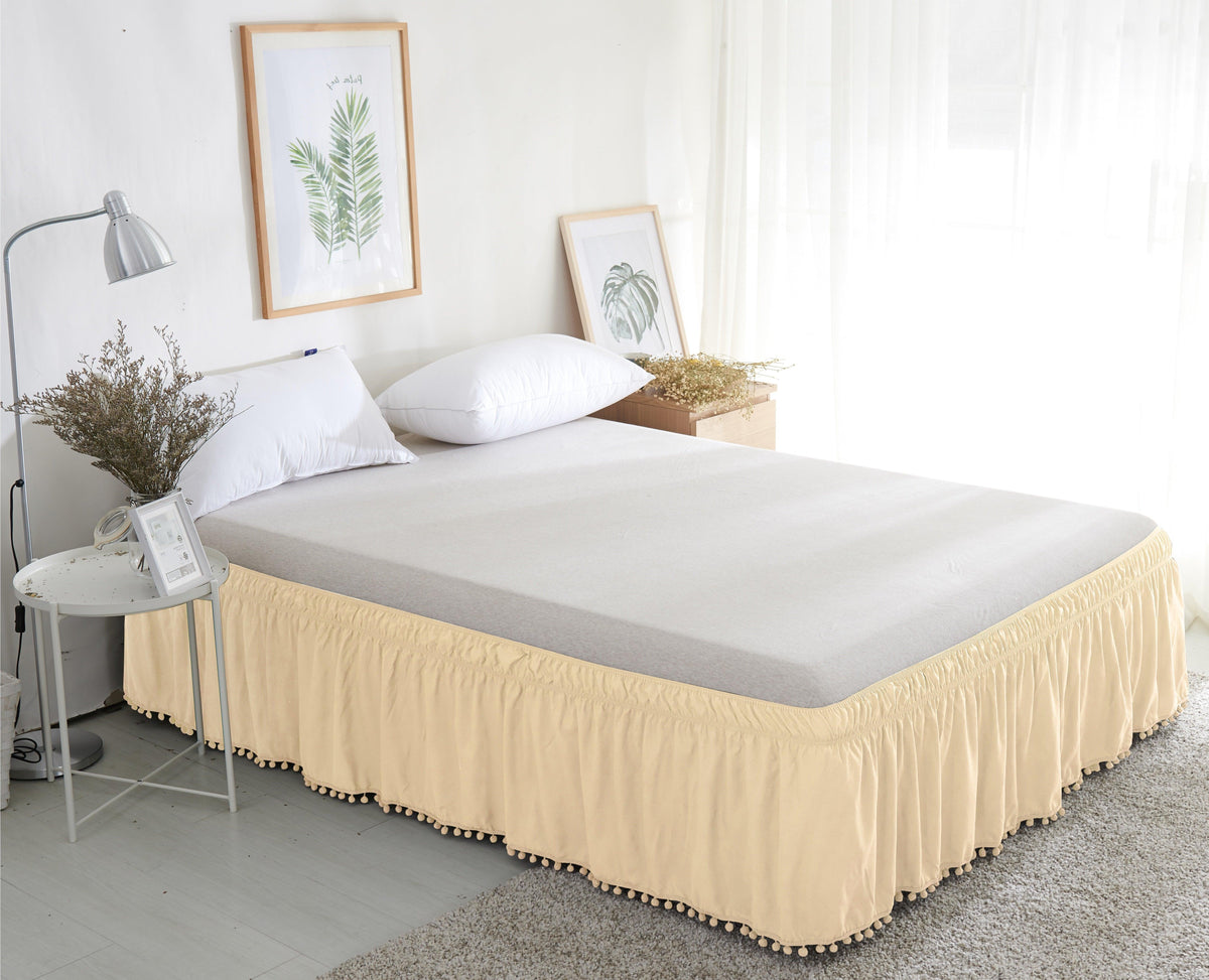Elegant Comfort Top-Knot Tassel Pompom Fringe Ruffle Bed Skirt - Around Style Elastic Bed Wrap - 16 inch Drop