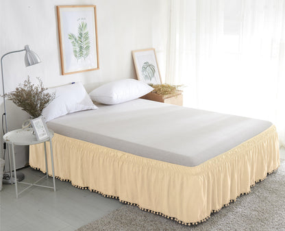 Elegant Comfort Top-Knot Tassel Pompom Fringe Ruffle Bed Skirt - Around Style Elastic Bed Wrap - 16 inch Drop