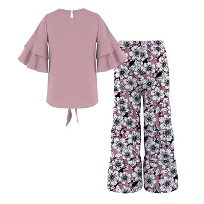 Dusty Pink Knot-Hem Top & Floral Print Tiered Pants