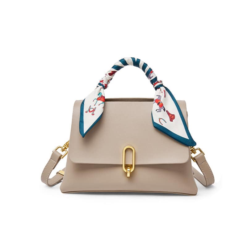 Elegant Apricot Leather Satchel Bag with Silk Scarf Handle