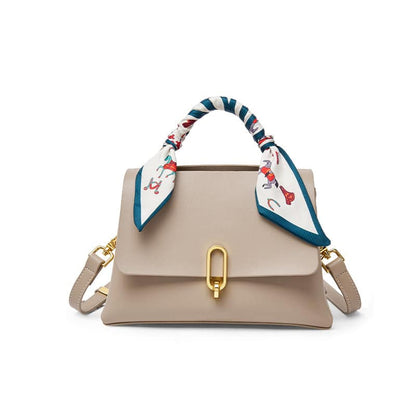 Elegant Apricot Leather Satchel Bag with Silk Scarf Handle