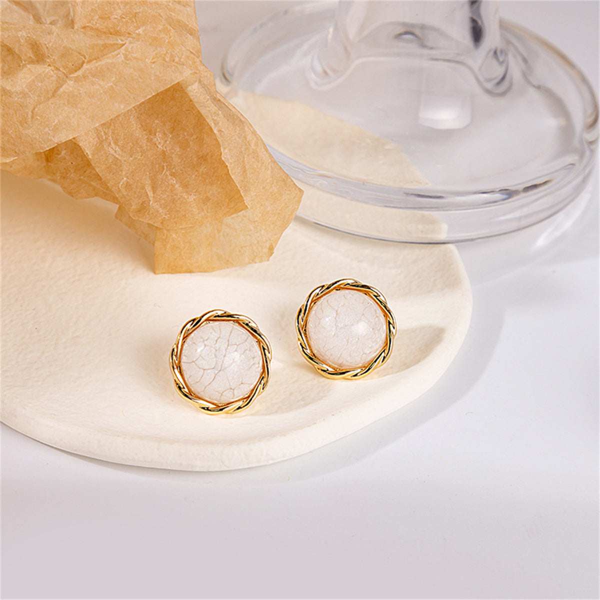 White Resin & Goldtone Twisted-Trim Round Stud Earrings