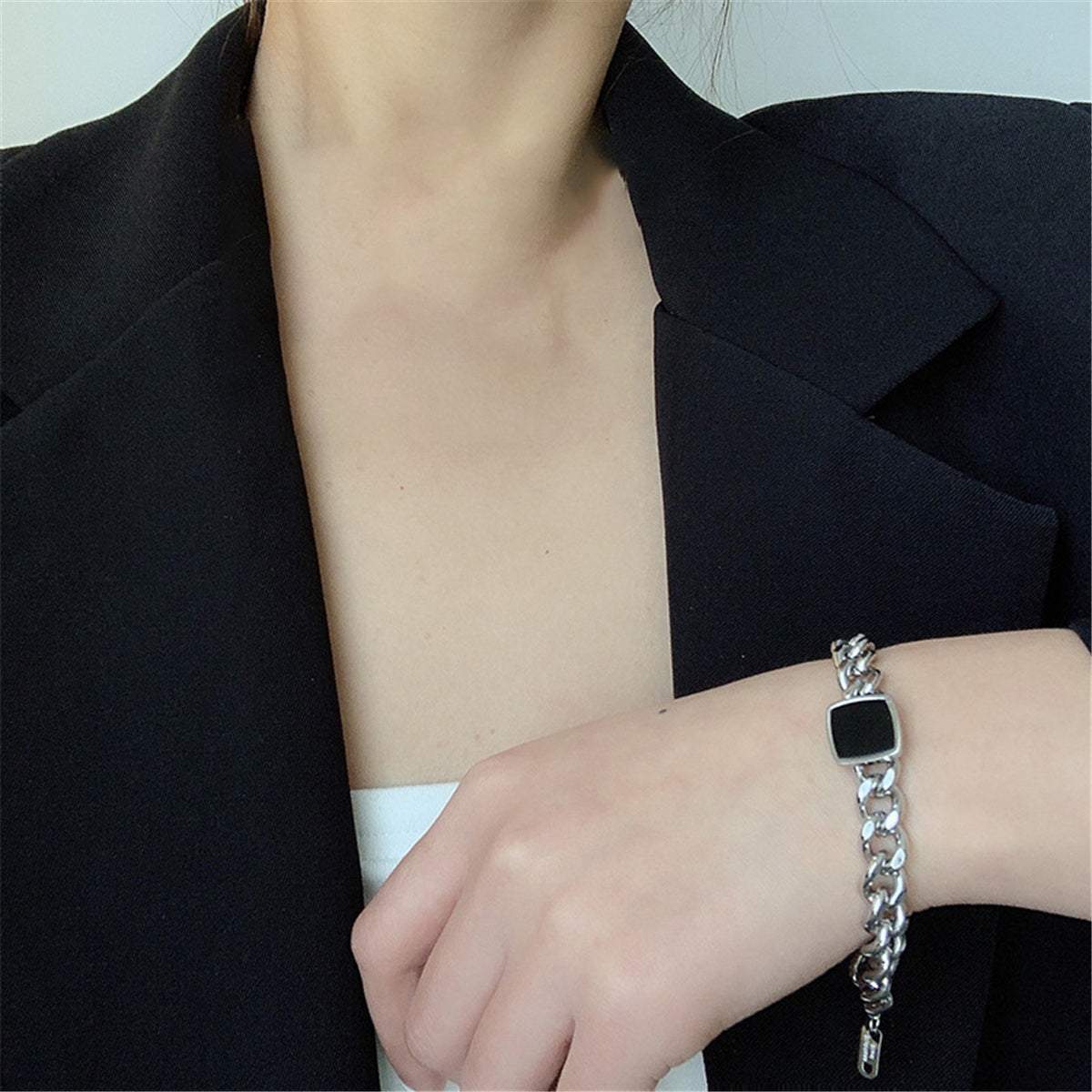 Black & Stainless Steel Square Charm Bracelet