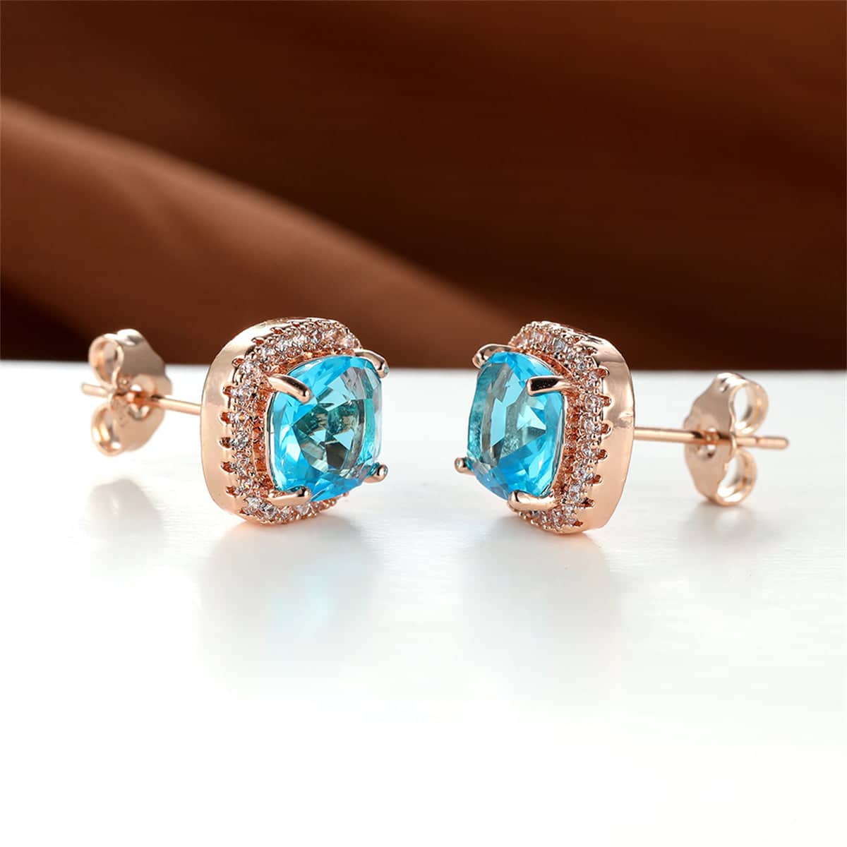 Light Blue Princess Crystal & Cubic Zirconia Rose Goldtone Halo Stud Earrings