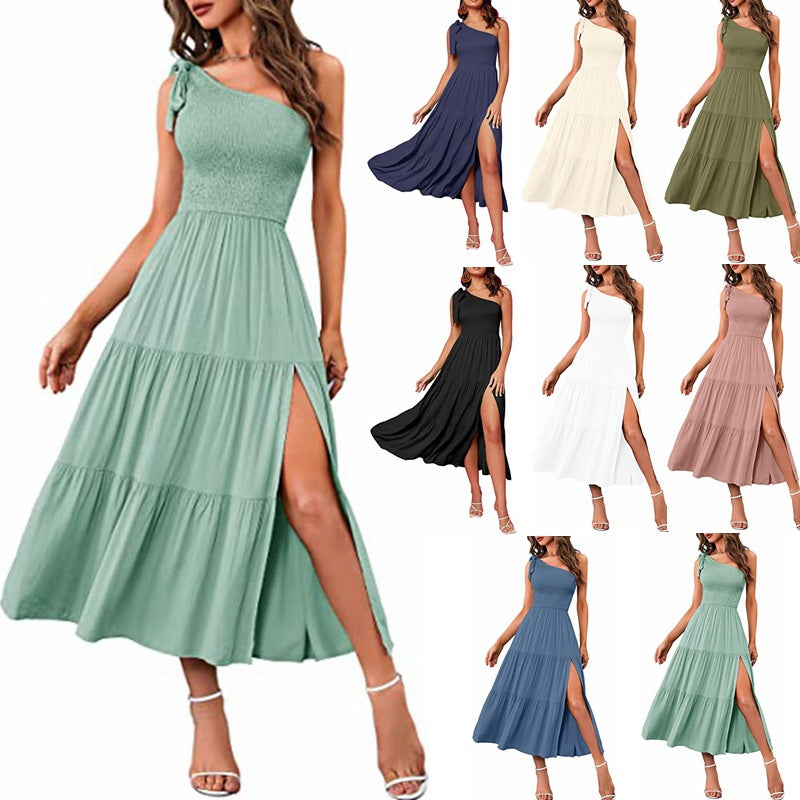Women’s One-Shoulder Pleated Layered Hem Split Dress | High-Sense Formal Evening Gown | Trendy Minimalist Asymmetrical Party Dress | Luxury-Label Statuesque Radiant Occasion Wear | 2026 High-Fashion Emerald-Luxe Essential