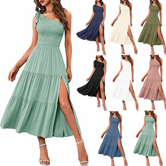Women’s One-Shoulder Pleated Layered Hem Split Dress | High-Sense Formal Evening Gown | Trendy Minimalist Asymmetrical Party Dress | Luxury-Label Statuesque Radiant Occasion Wear | 2026 High-Fashion Emerald-Luxe Essential