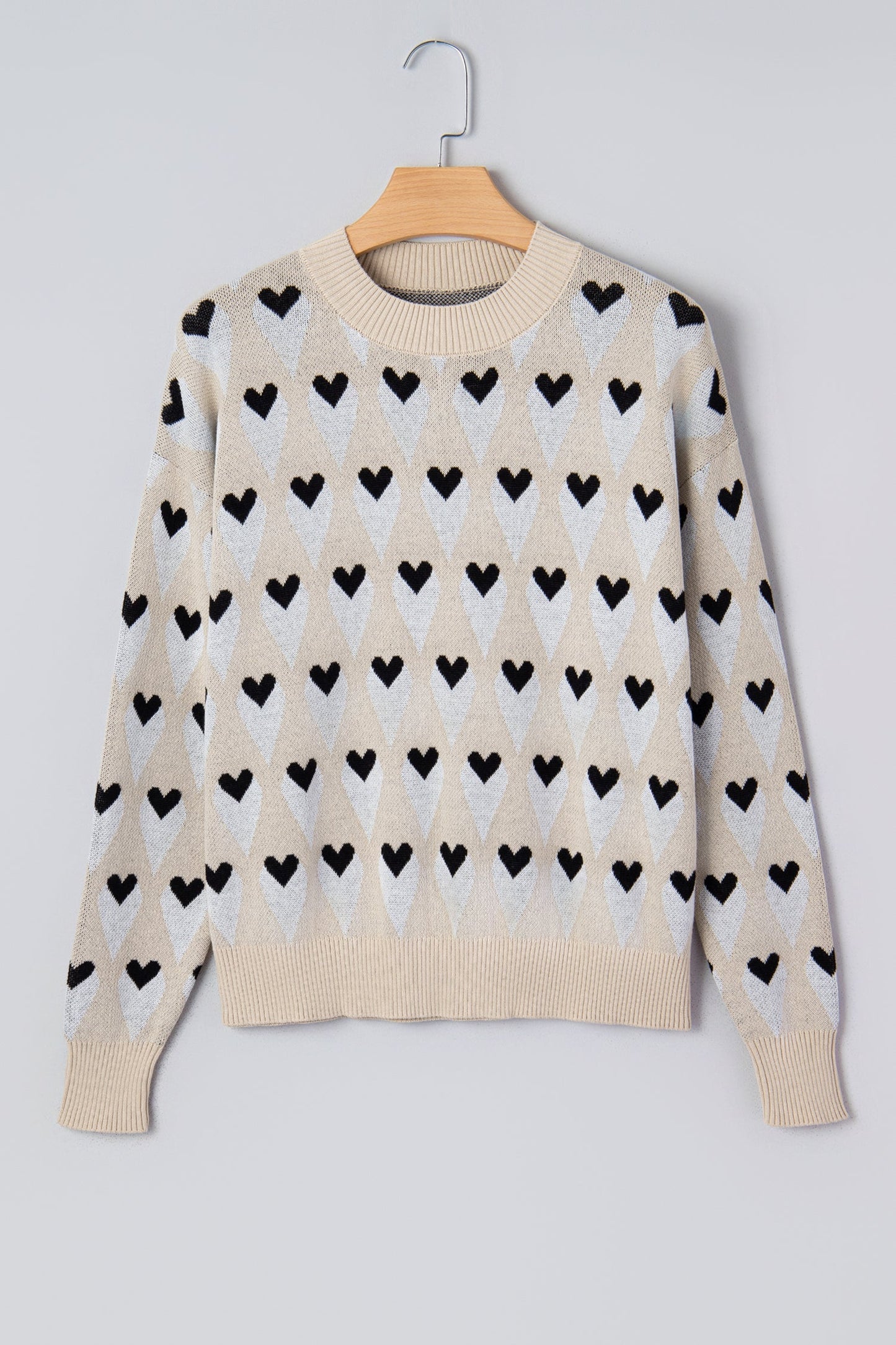 Brynlee Geometric Heart Print Ribbed Trim Loose Sweater
