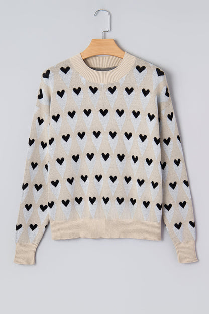 Brynlee Geometric Heart Print Ribbed Trim Loose Sweater
