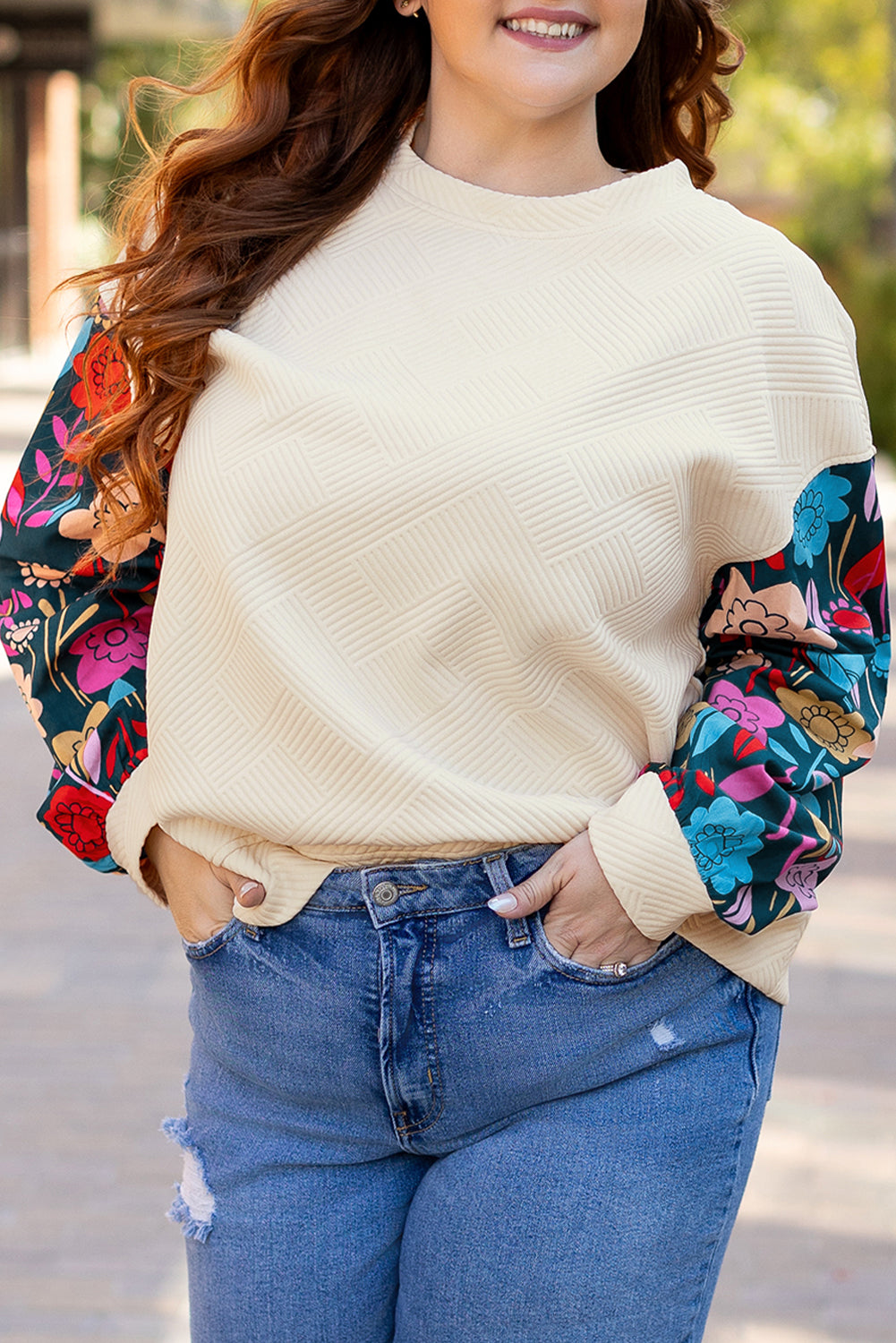 Threaded Pear White Floral Patchwork Sleeve Textured Plus Size Pullover Top