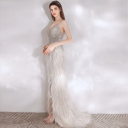 Women’s Feather Temperament High-End Evening Dress | Elegant Formal Gala Gown with Slit | Luxury Ostrich Feather Trim Party Dress | Modern High-Sense Floor Length Wedding Guest Gown | 2026 Couture Fashion Collection