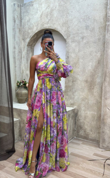 Floral Print Split Maxi Dress Fashion One-shoulder Long-sleeved Dresses Summer Beach Clothing For Women