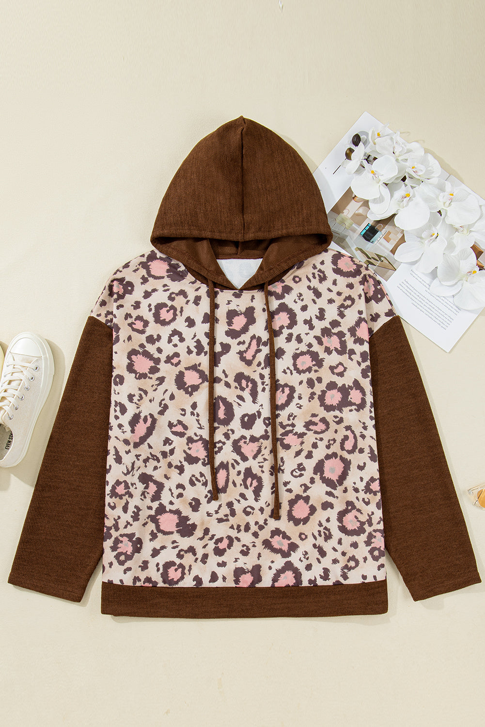 Threaded Pear Scarlett Print Knit Patchwork Hoodie