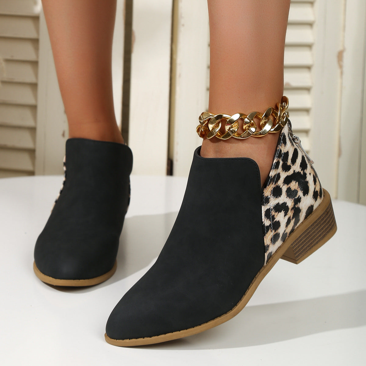 Women’s Fashion Leopard Print Ankle Boots | Pointed Toe Chunky High Heel Booties | Trendy Animal Print Back-Zipper Shoes | Wild & Elegant Statement Boots