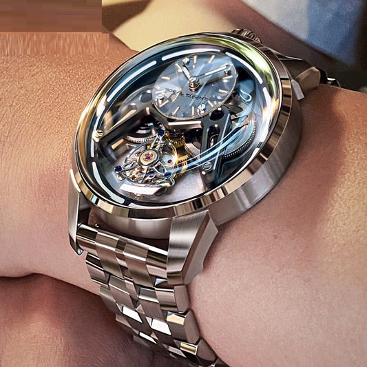 Men’s Luxury Armor Tourbillon Mechanical Watch | Automatic Skeletal Self-Winding Wristwatch | Industrial Design Hollow-Out Armor Watch | Futuristic Luxury Gear Watch for Men