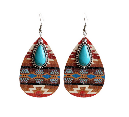 Brown Aztec and Multi Colored Patterned & Turquoise Teardrop Drop Earrings